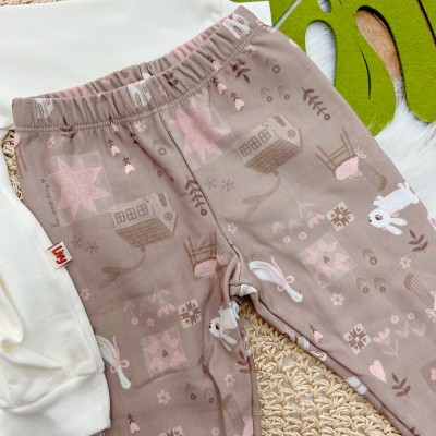 Conj. Casaco de Moletom com Strass e Calça Legging Casinhas - Off White